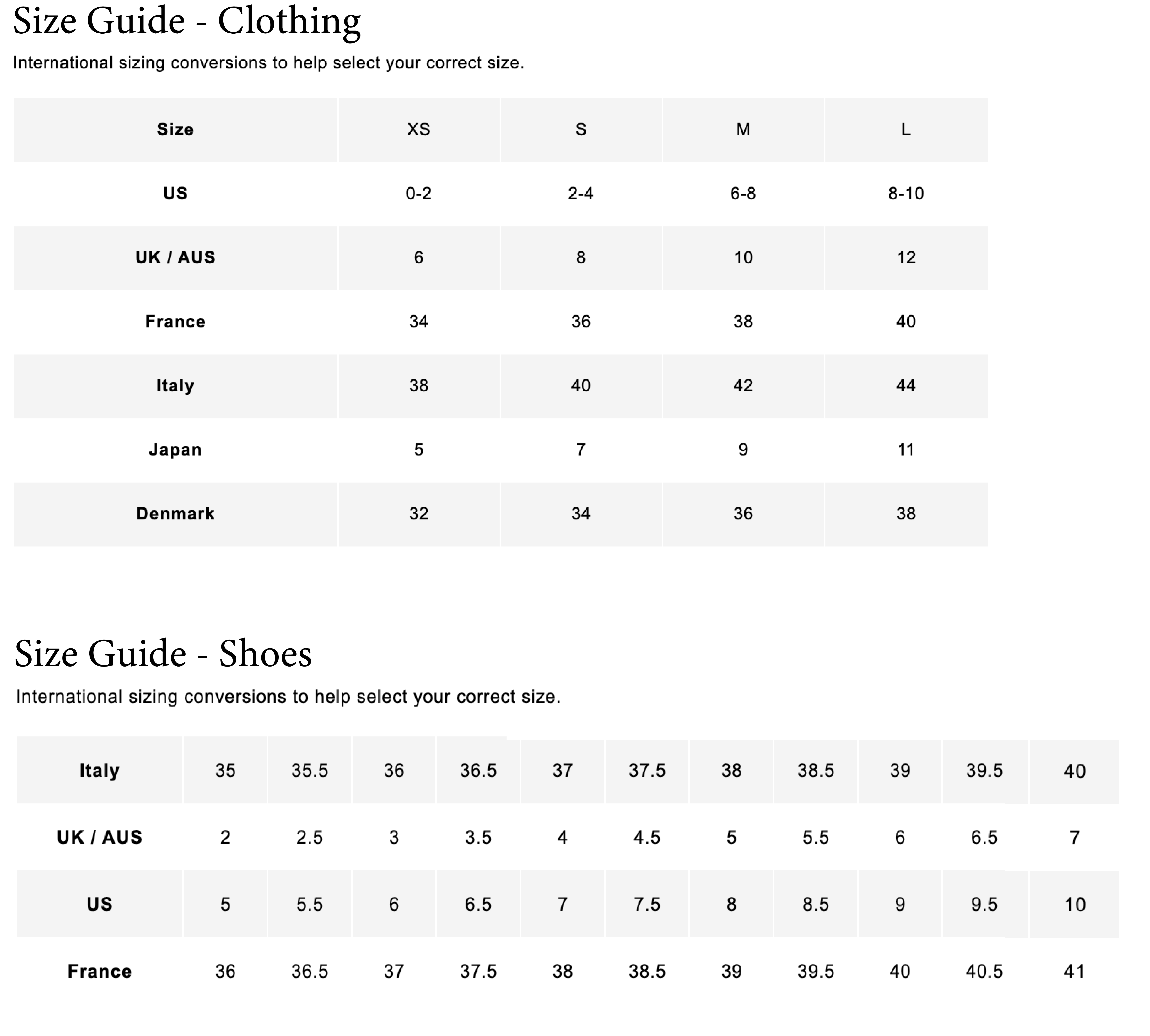 Clothing & Shoes Size Chart